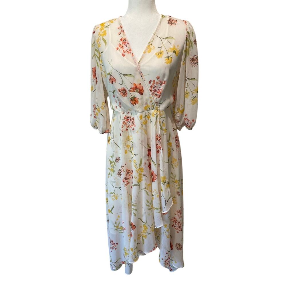 Calvin Klein Floral Faux Wrap Hi-Low Midi Dress Sz 6 Chiffon Flowy Ethereal